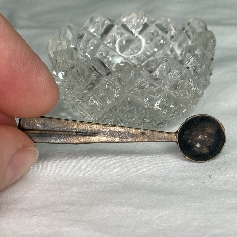 Vintage Cut Glass Open Salt Cellar With Silver Spoon